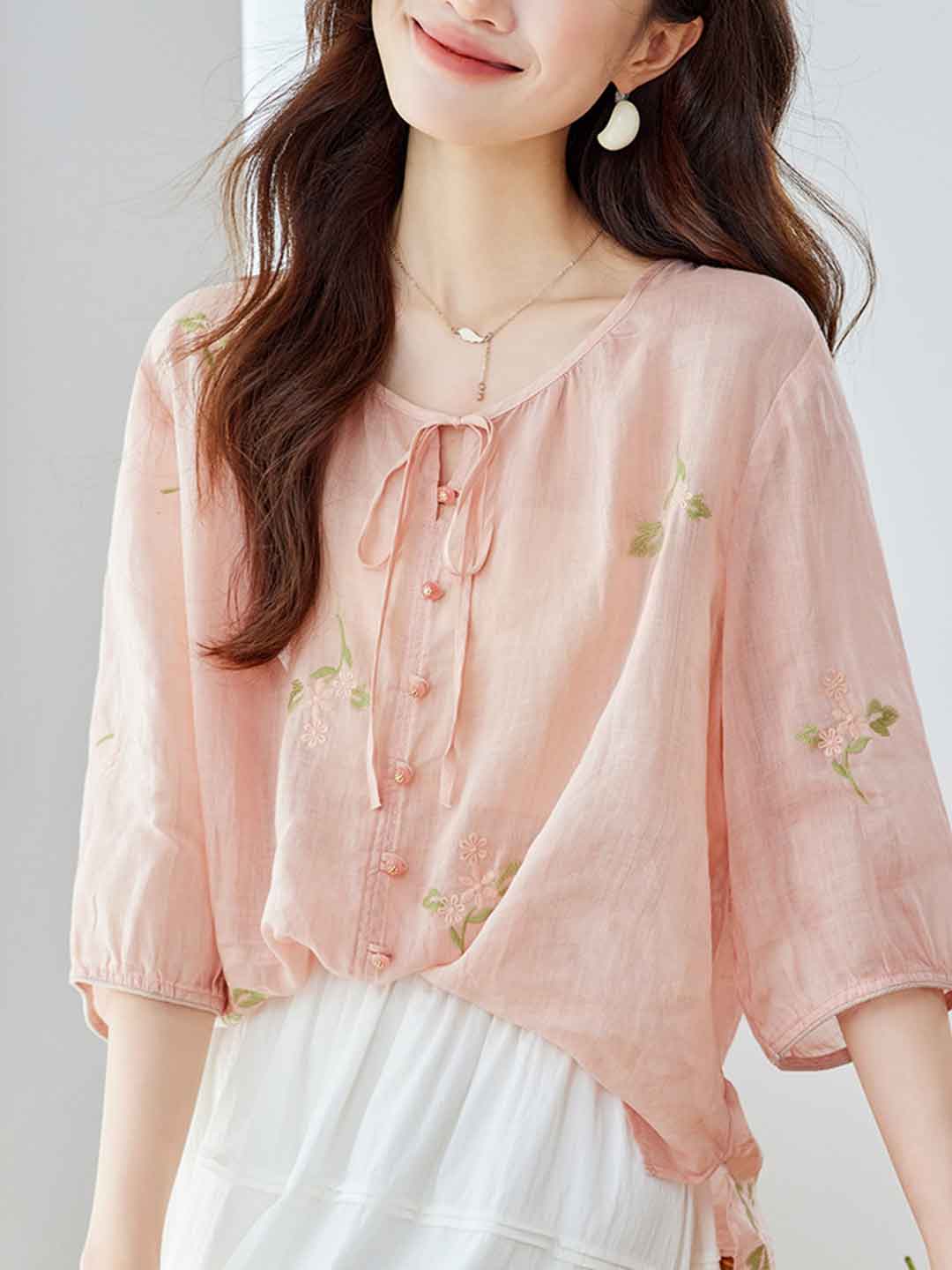 Camila Loose Crew Neck Embroidered Floral Blouse