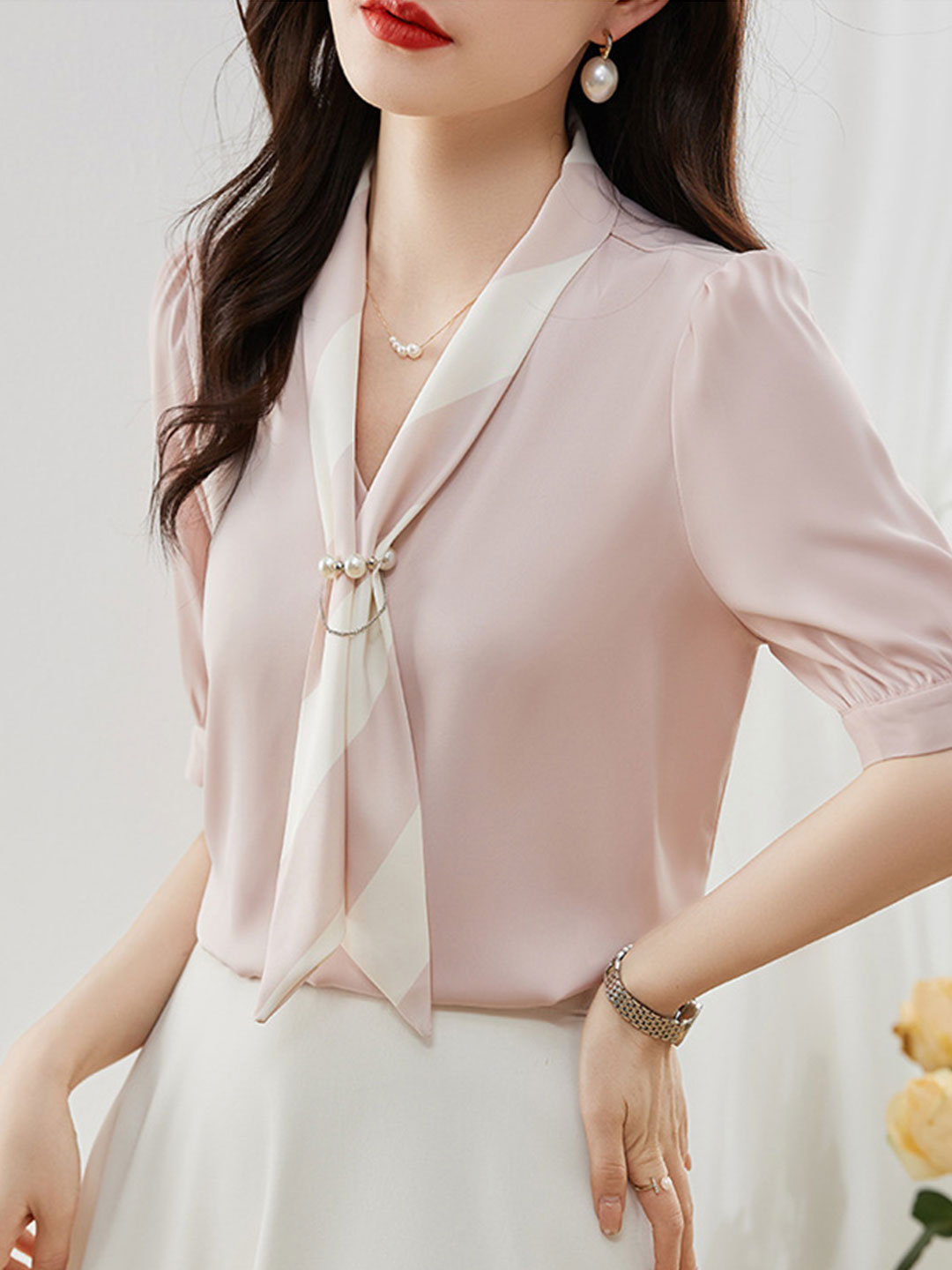 Mya Casual Loose Bow Satin Panelled Shirt-Green
