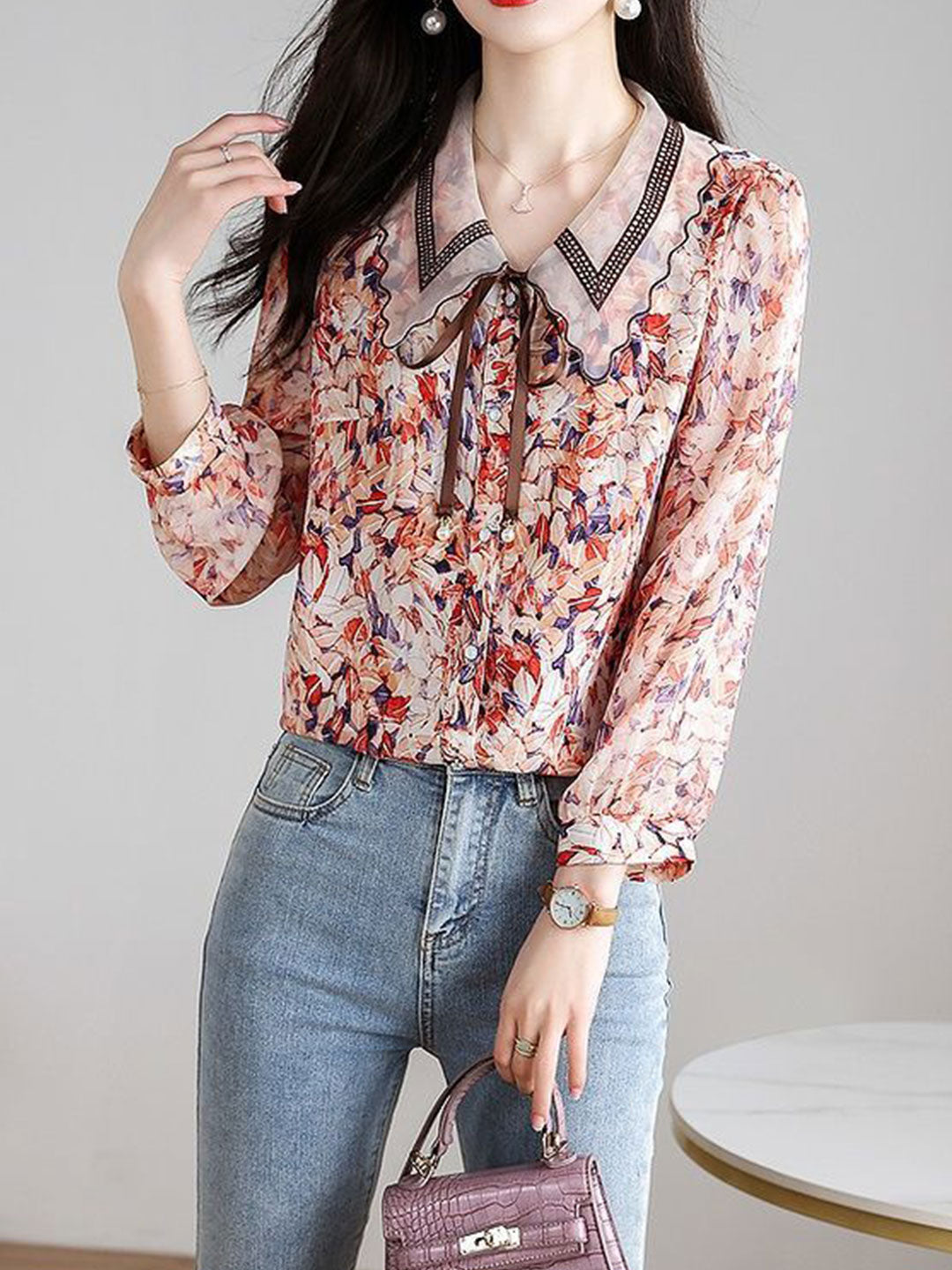 Rachel Classic Printed Floral Chiffon Shirt