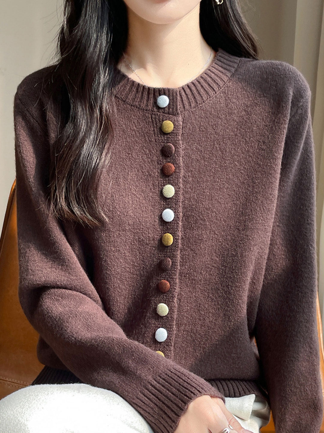 Sophia Classic Crew Neck Colorful Button Knitted Cardigan-Red