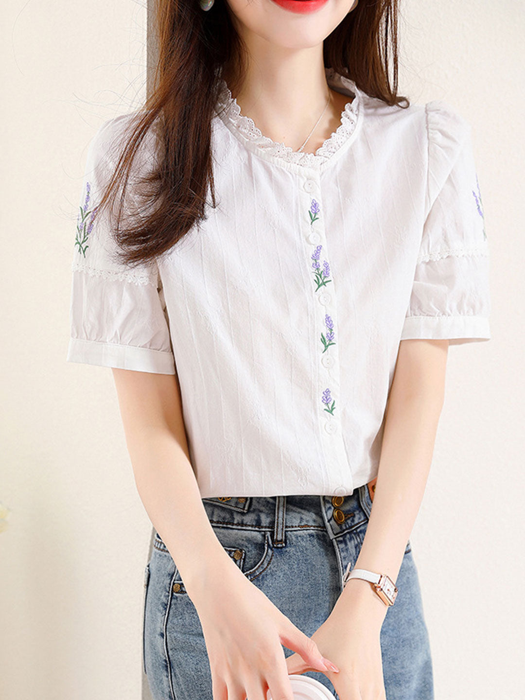 Maria Retro Embroidered Lace Puff Sleeve Shirt-Purple