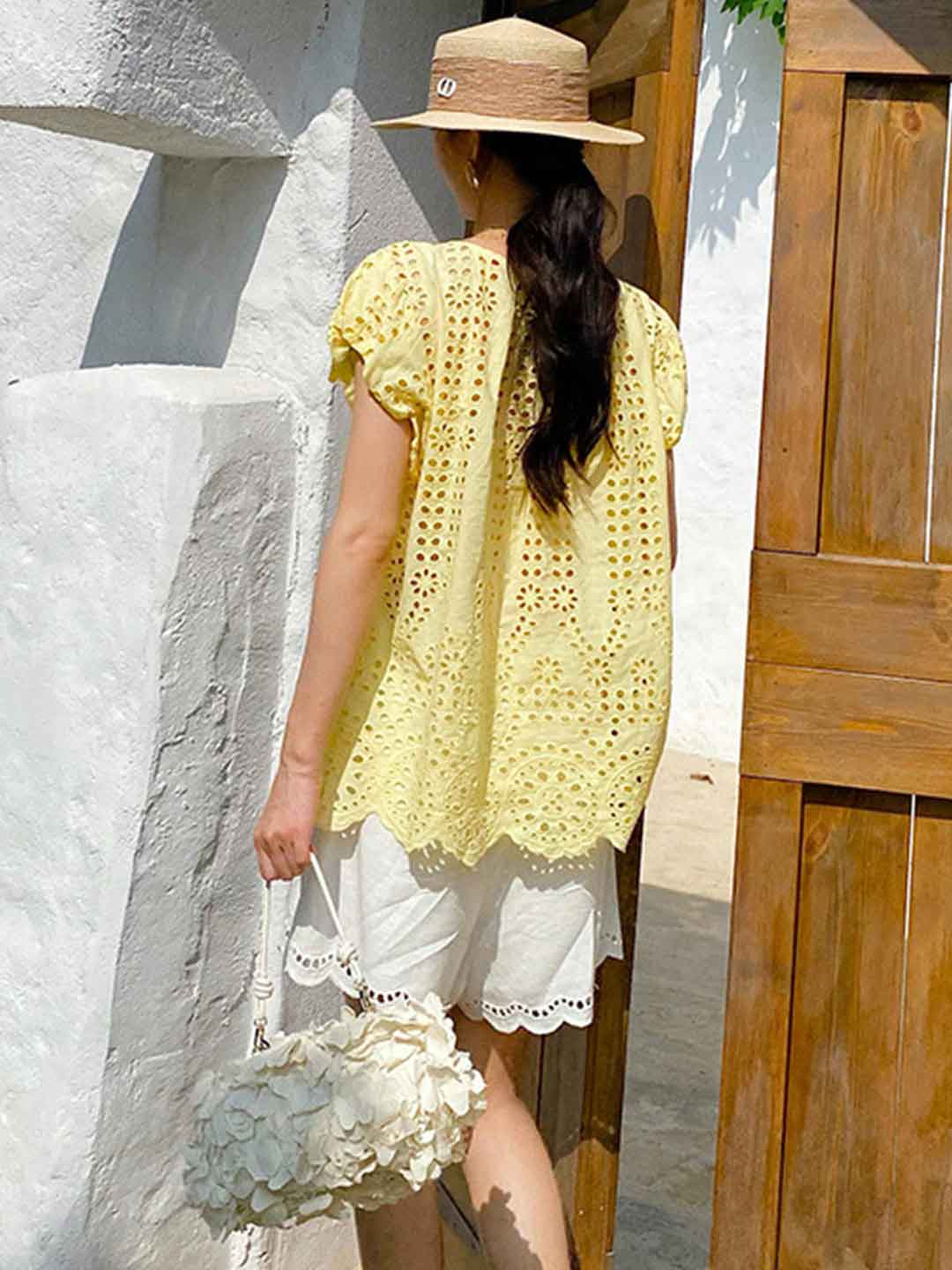 Zoe Vacation V-Neck Hollowed Embroidered Top