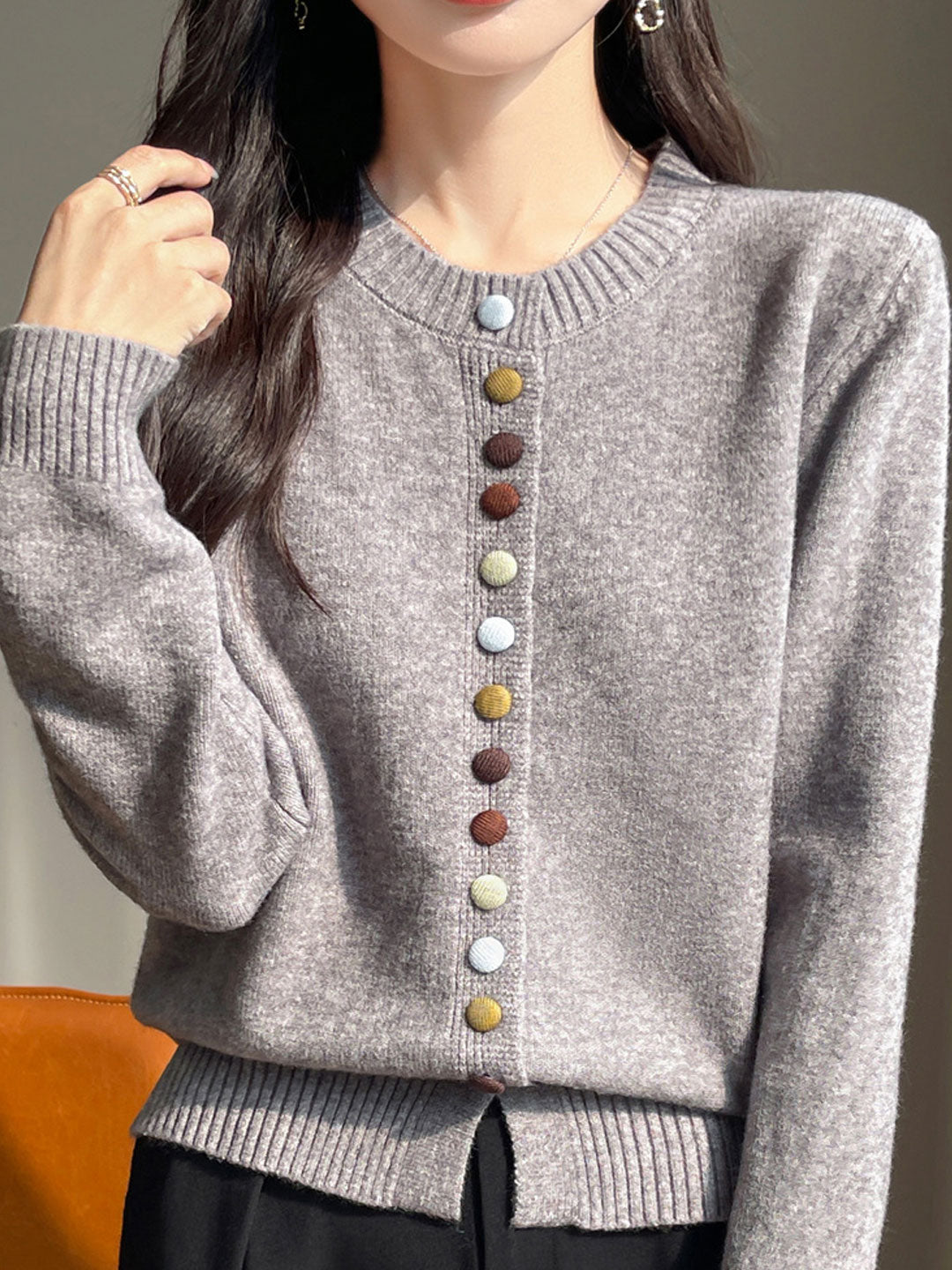 Sophia Classic Crew Neck Colorful Button Knitted Cardigan-Red