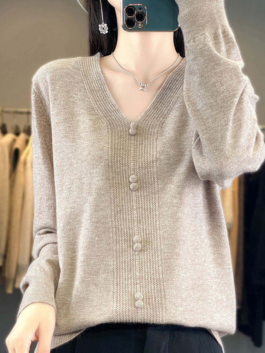 Abigail Casual V-neck Loose Knitted Sweater-Green