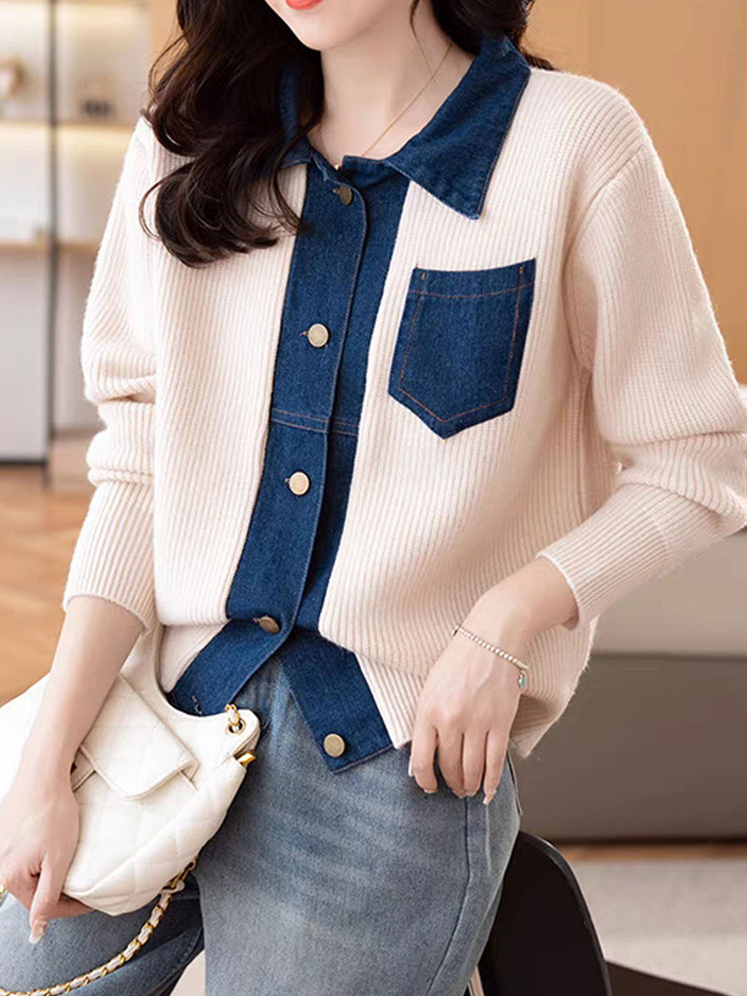 Eva Casual Lapel Patchwork Knitted Cardigan-Navy Blue