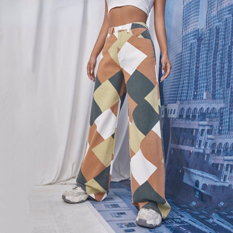 DressBetty - Stitching Box Contrast Color Casual High Waisted Big Straight Leg Printing Denim