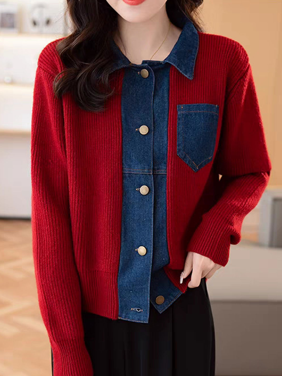 Eva Casual Lapel Patchwork Knitted Cardigan-Navy Blue