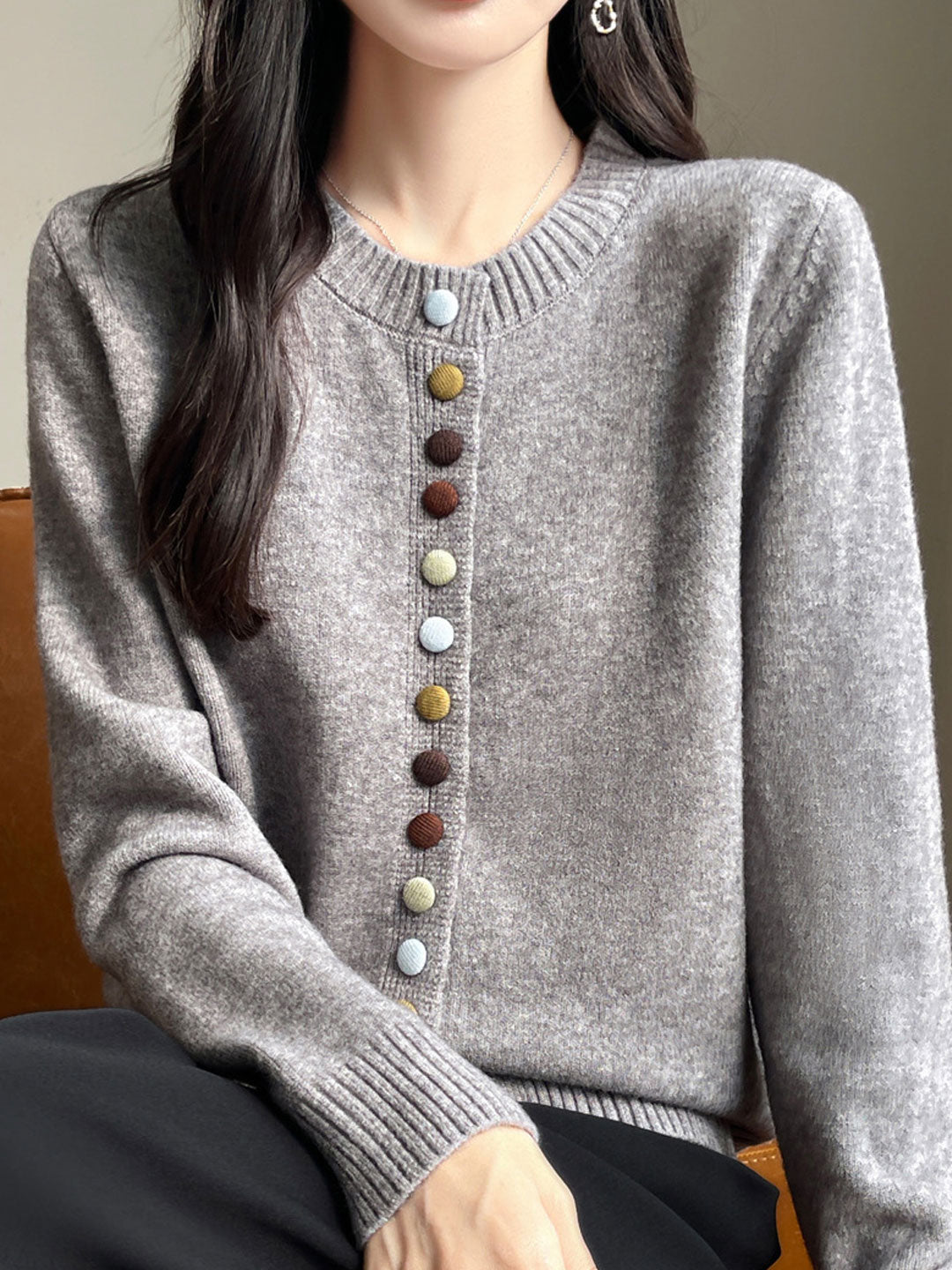 Sophia Classic Crew Neck Colorful Button Knitted Cardigan-Red