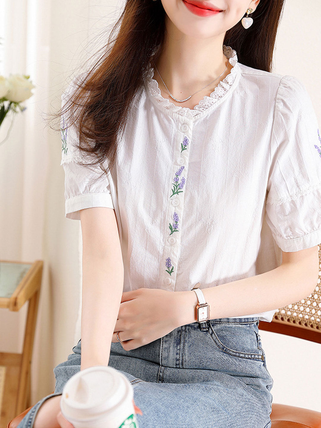 Maria Retro Embroidered Lace Puff Sleeve Shirt-Purple
