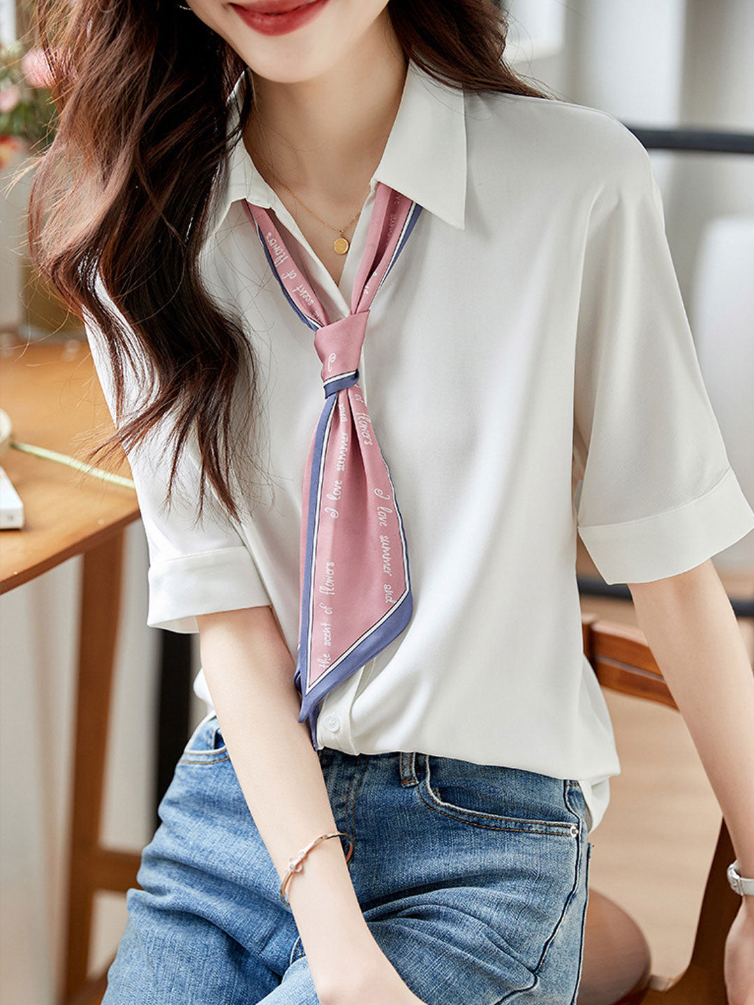 Madison Classic Bow Chiffon Shirt-White