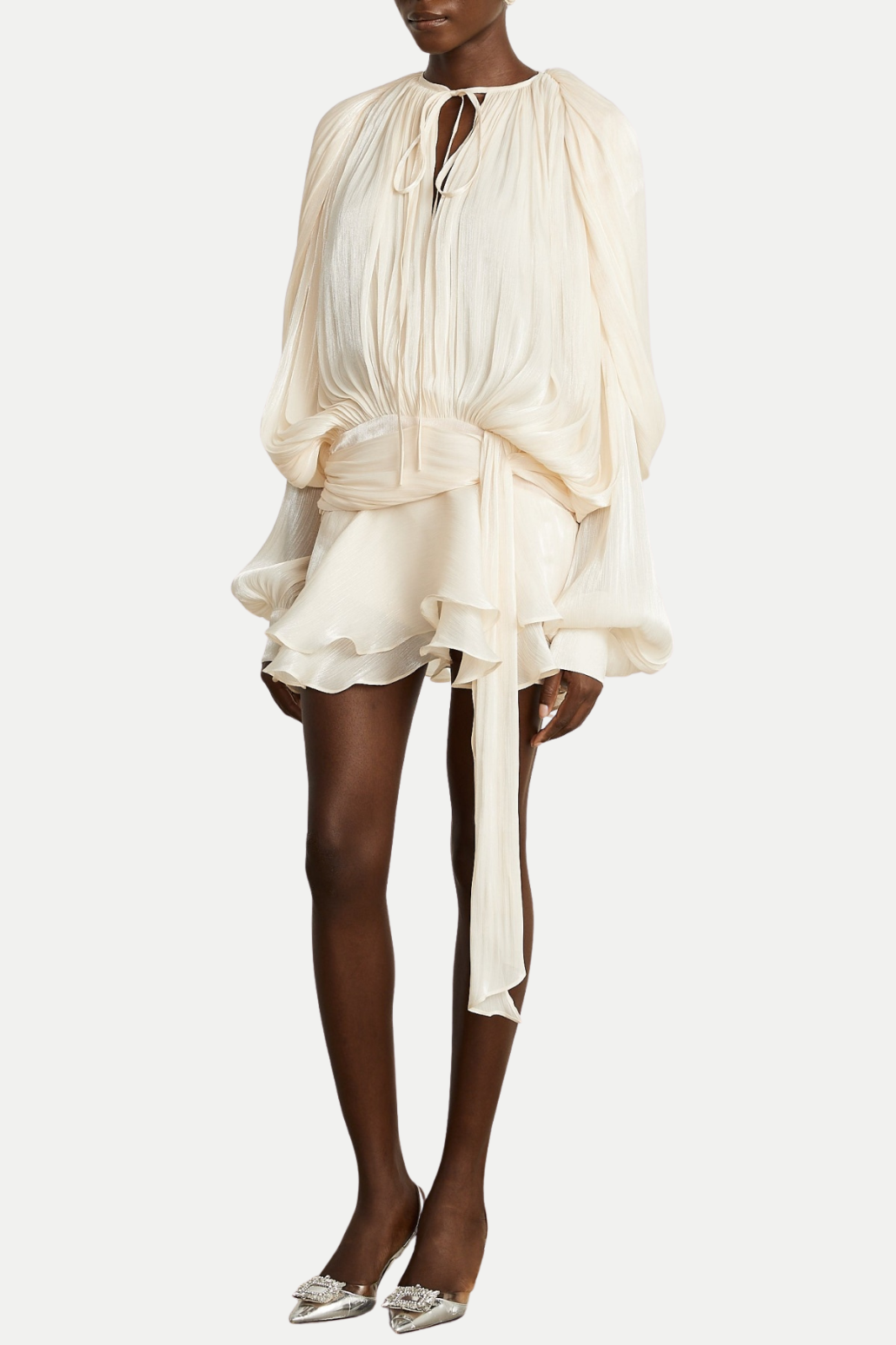 Anzay Pleated Ruffled Hem Mini Dress - Beige