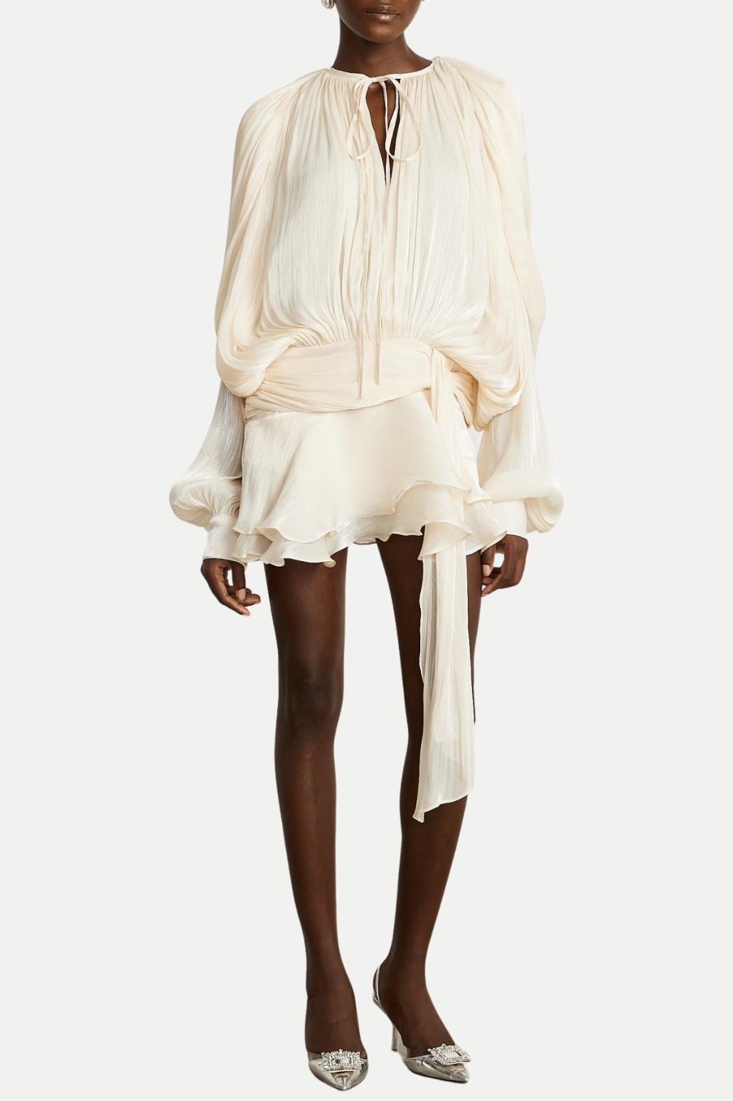Anzay Pleated Ruffled Hem Mini Dress - Beige