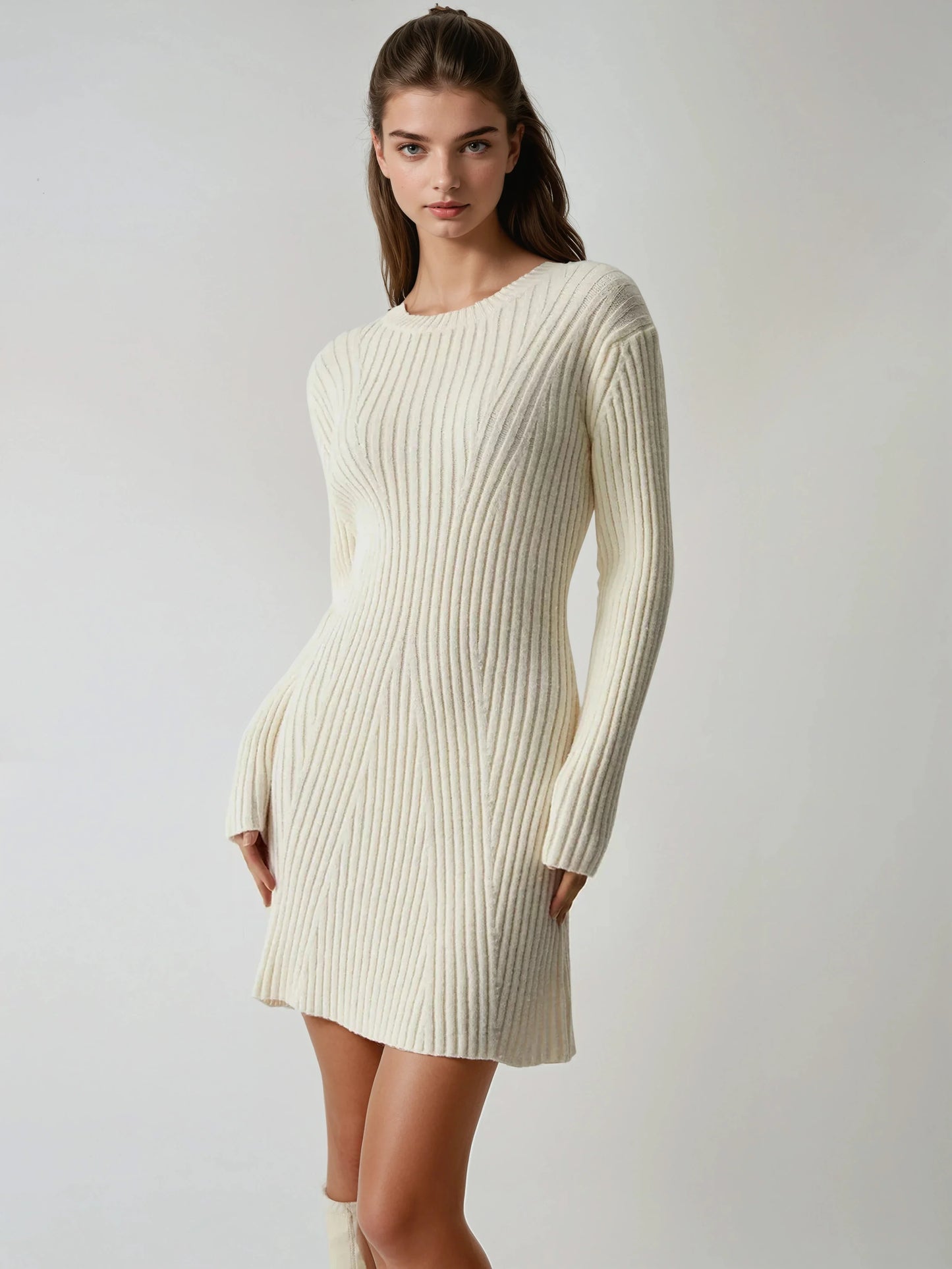 Rib Long Sleeve Short Sweater Dress