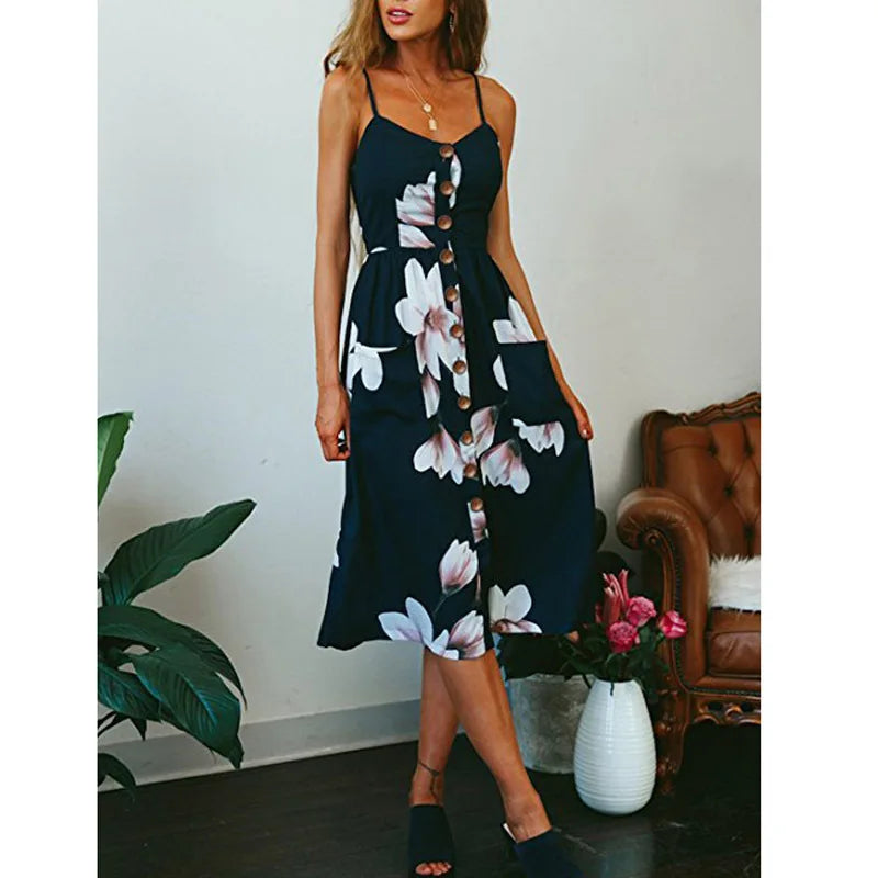 Printed Sling V-Neck Summer Midi Dress