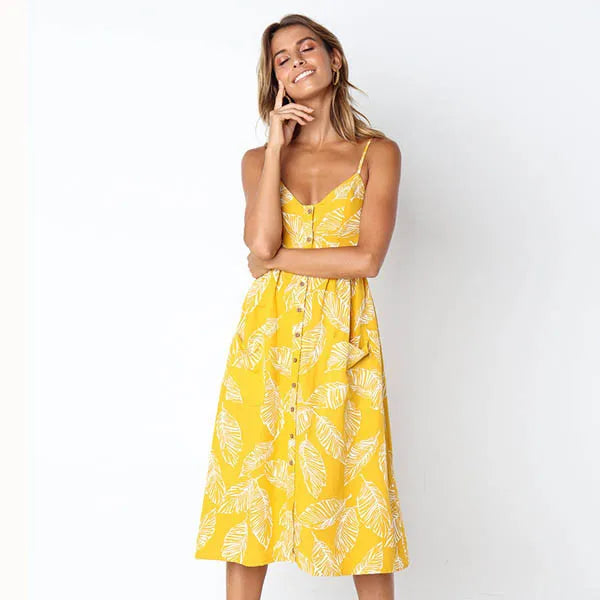 Printed Sling V-Neck Summer Midi Dress