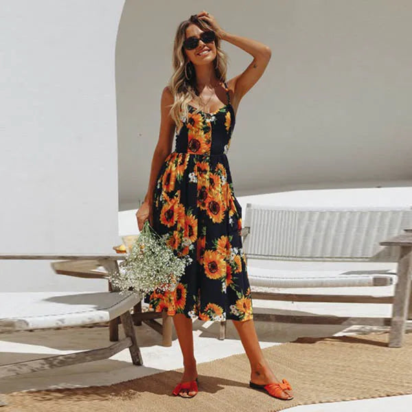 Printed Sling V-Neck Summer Midi Dress