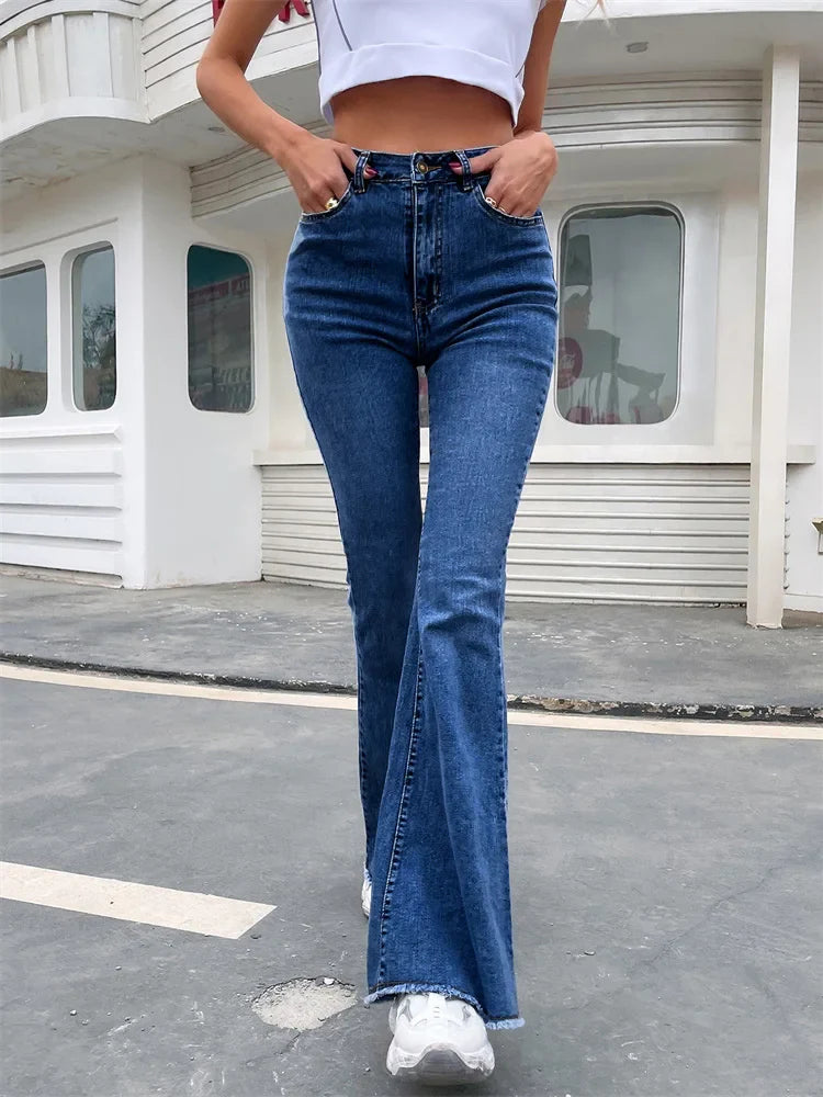 DressBetty - 2024 Button Fly Raw Hem Autumn High Waist Slim Flare Jeans
