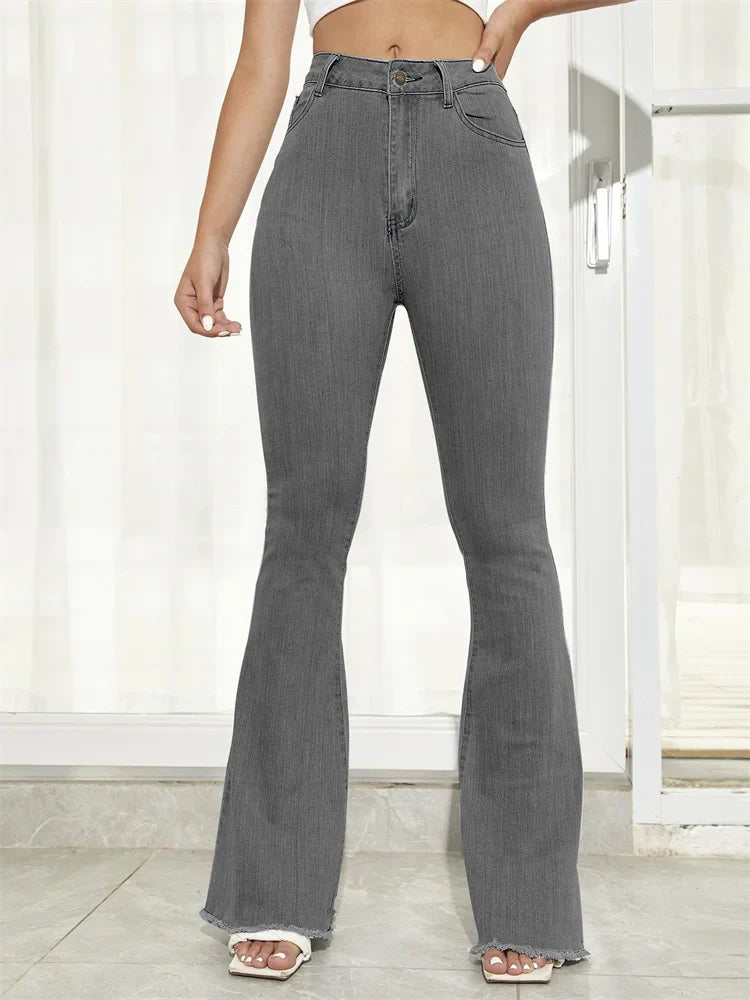 DressBetty - 2024 Button Fly Raw Hem Autumn High Waist Slim Flare Jeans