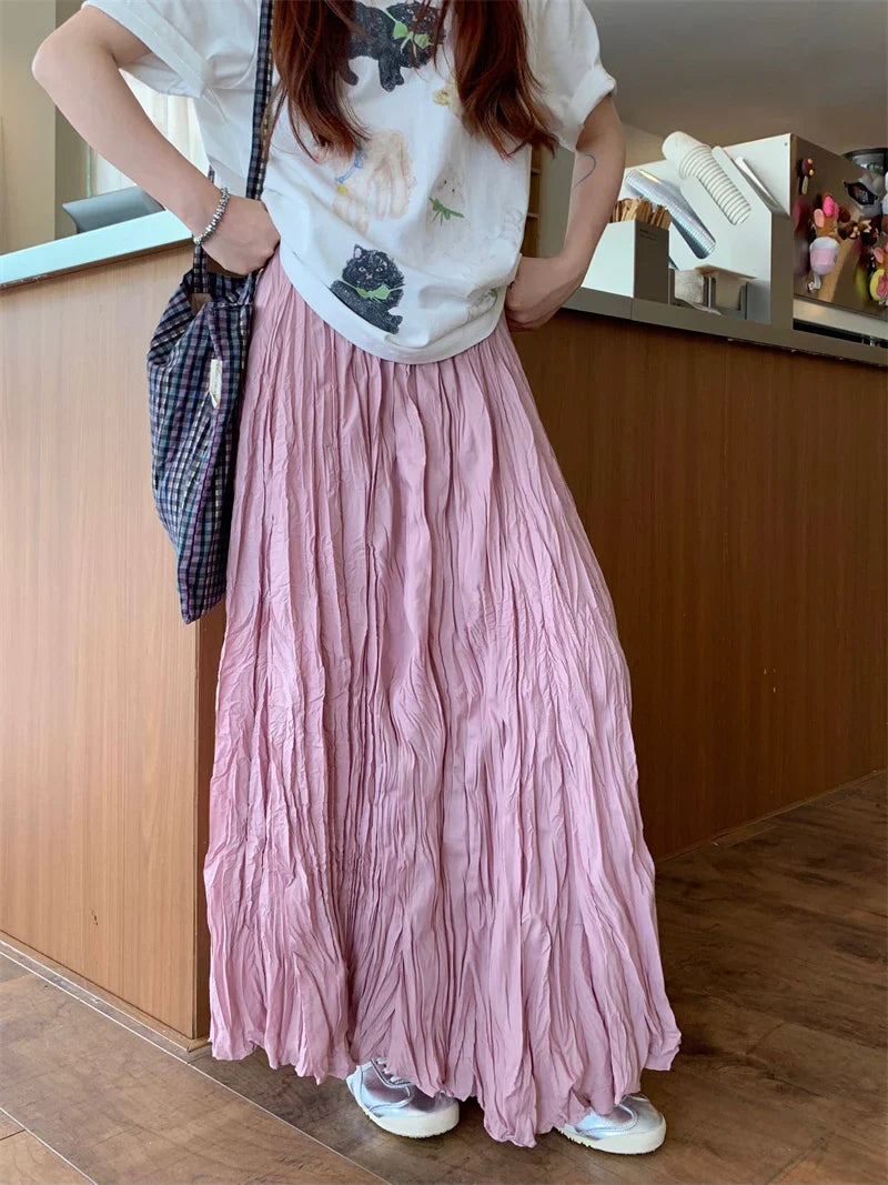 DressBetty - Vintage Solid Elastic Pleated A-Line Skirt