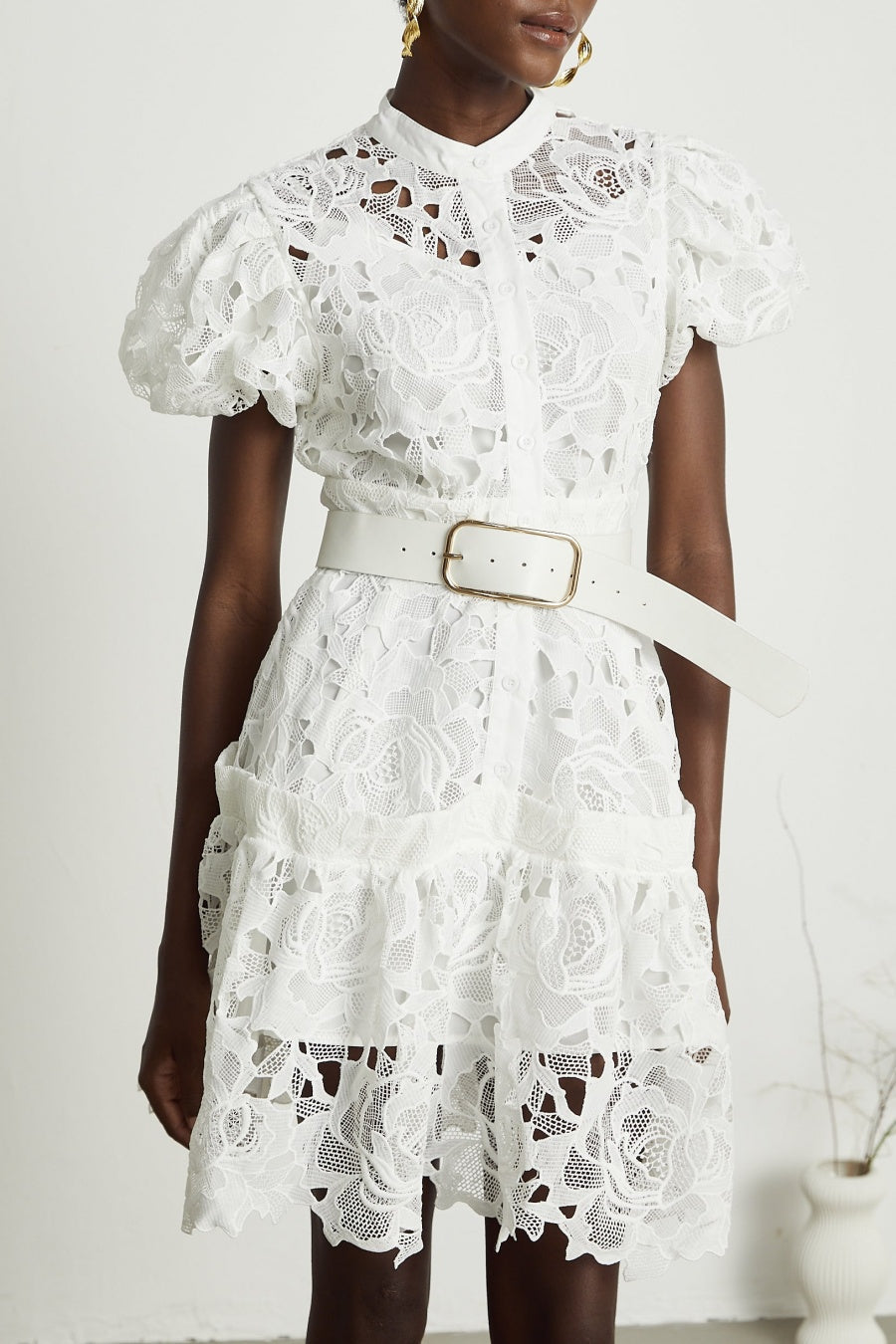 Calista Lace-embroidered Belted Mini Dress