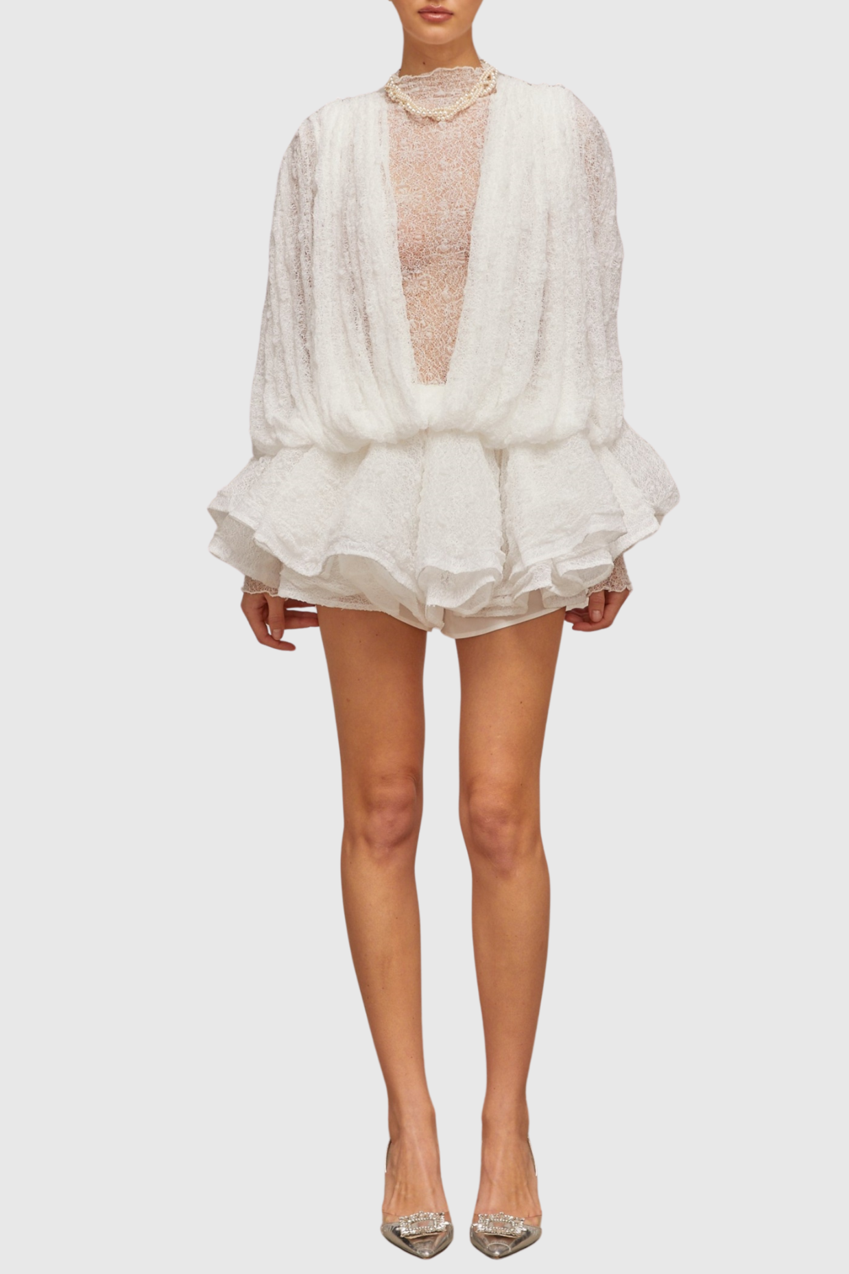 Chaylee Semi-sheer Lace Ruffle Mini Dress