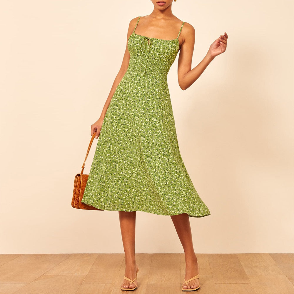 DressBetty - Women Summer Smocked Elastic Waist Tie Neck Sleeveless Spaghetti Strap Beach Dress