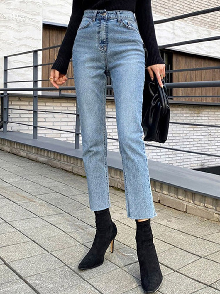 DressBetty - High Waist Ankle Length Straight Pants Slim Fit Washed Female Denim Trousers Boyfriend Girl Jean