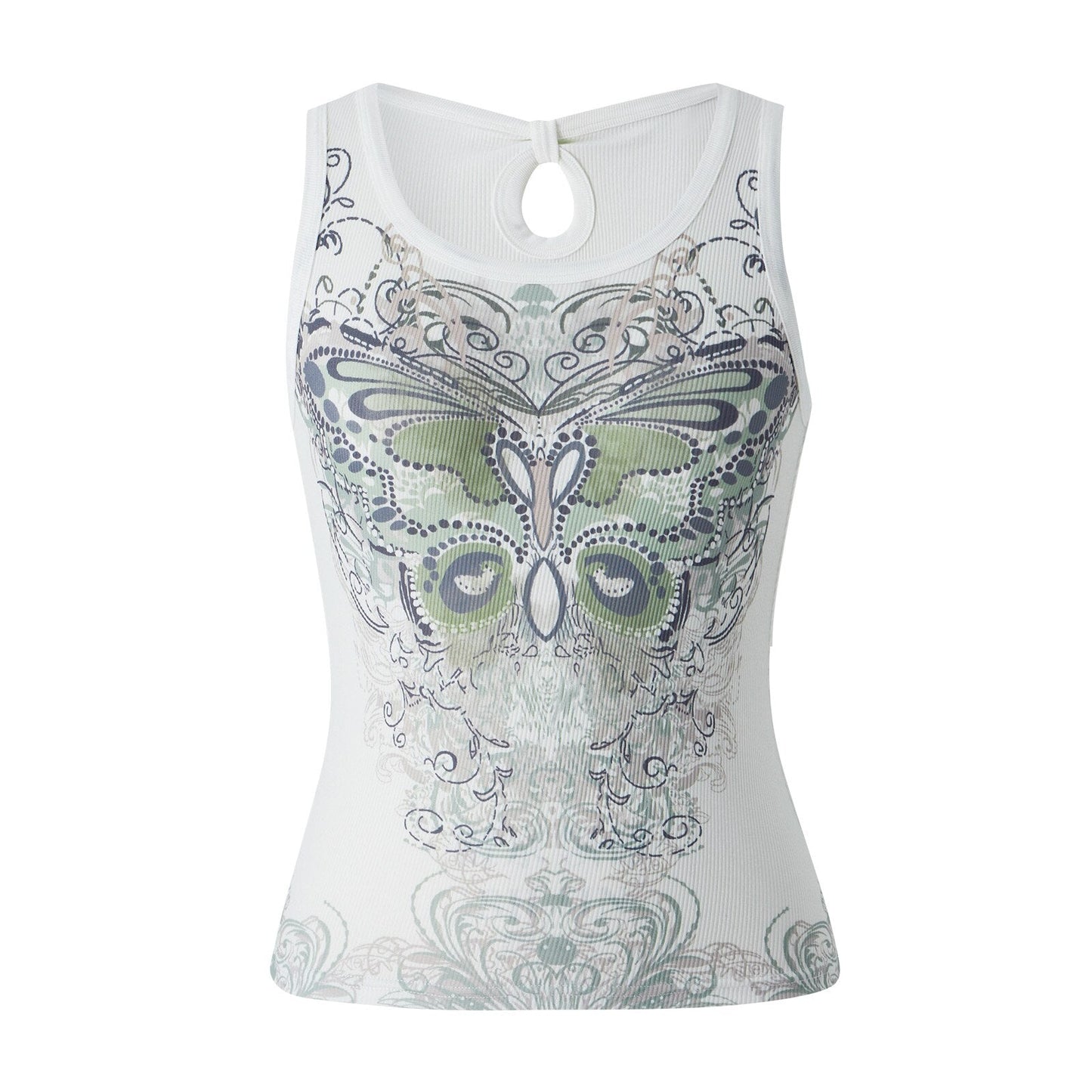 DressBetty - Slim Knitted Vest White Sleeveless O Neck Butterfly Vintage Print Tank Crop Tops