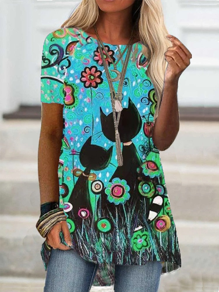 DressBetty - Digital Printed Women Blouse Short Sleeve Loose Shirt Casual Lady Pullover Shirt