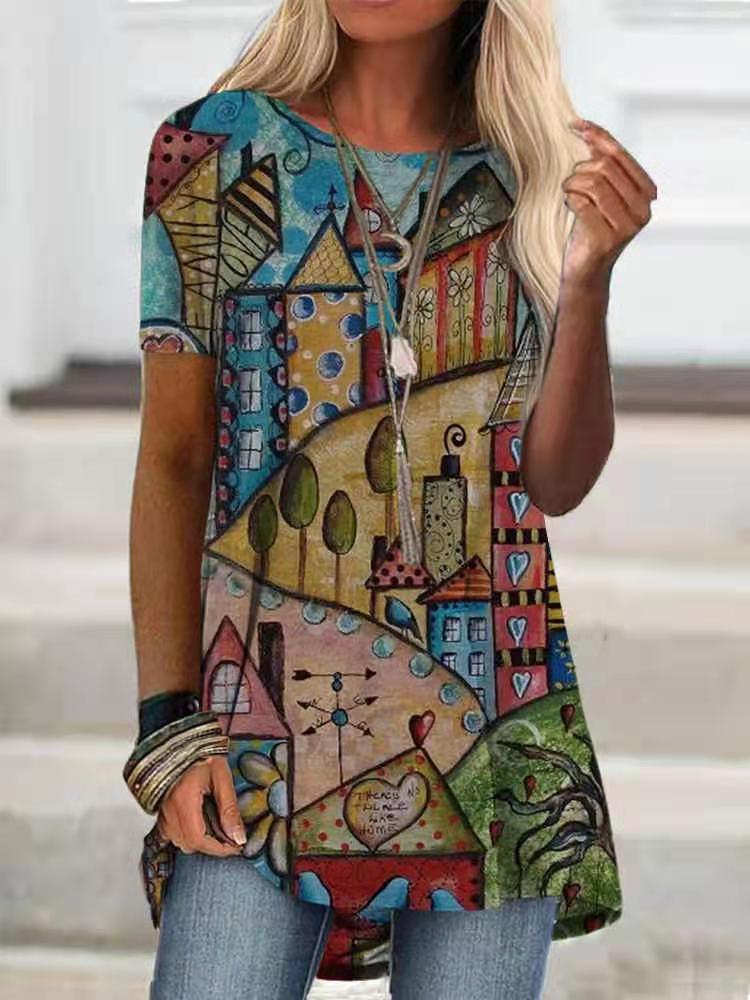 DressBetty - Digital Printed Women Blouse Short Sleeve Loose Shirt Casual Lady Pullover Shirt