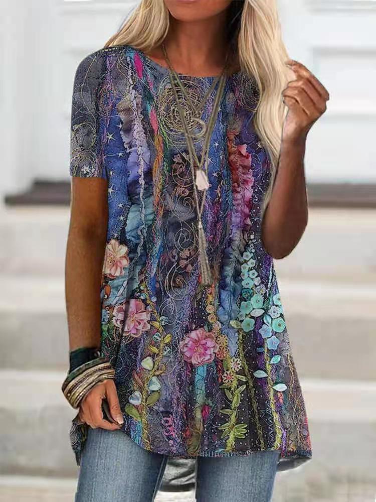 DressBetty - Digital Printed Women Blouse Short Sleeve Loose Shirt Casual Lady Pullover Shirt