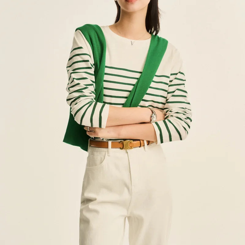 DressBetty - 2024 Long Sleeve Striped Combed Cotton T-Shirt for Women