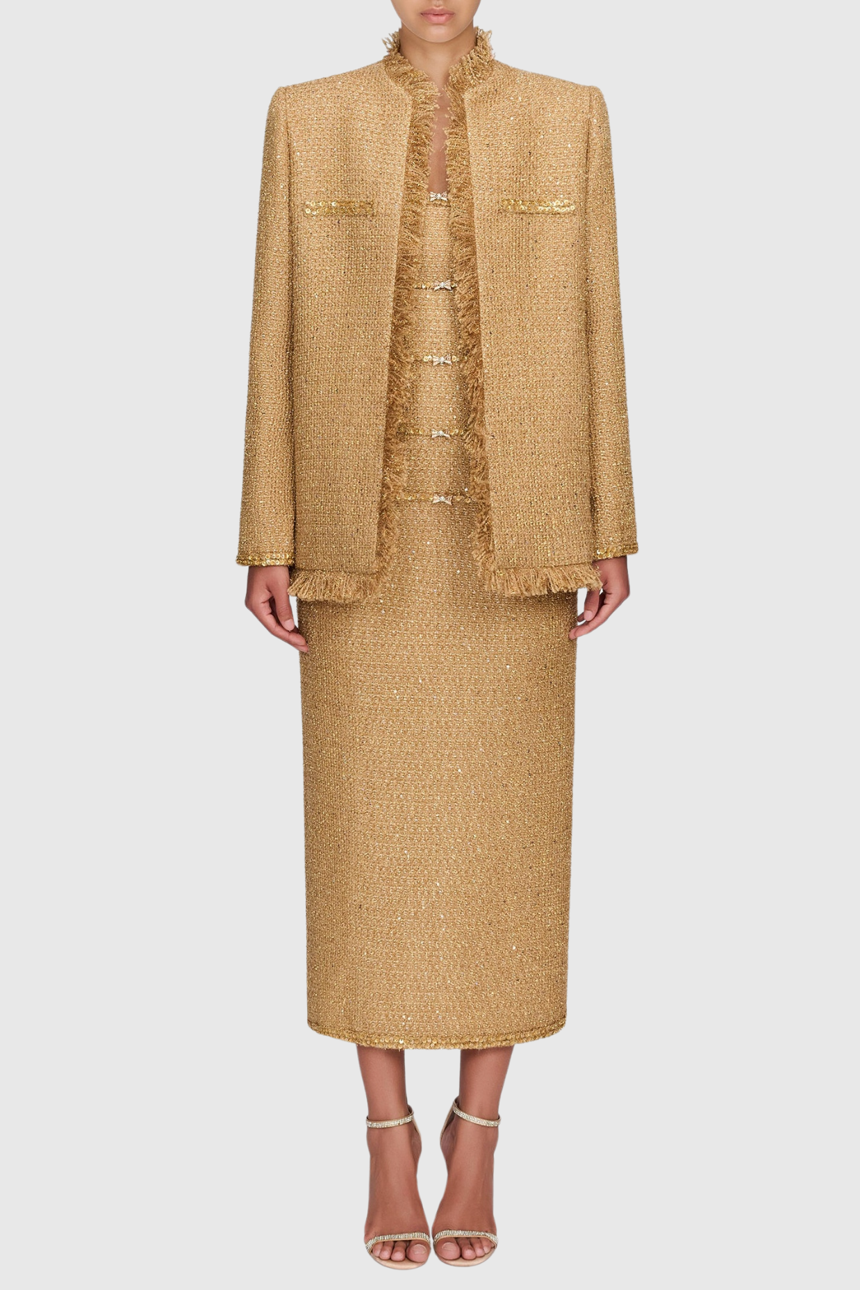 Elborno Gold Embellished Strapless Midi Dress