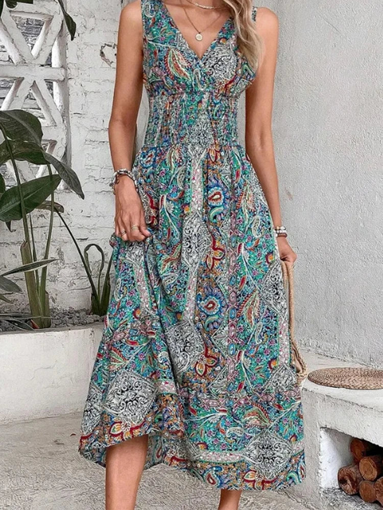 DressBetty - 2024 Elegant Bohemia Printed Sleeveless High Waist Summer Long Boho Dress