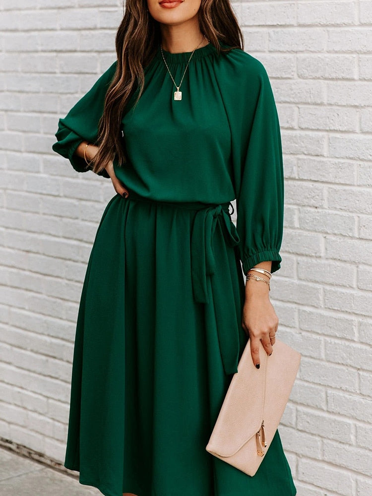 DressBetty - Elegant Office Dress Formal Loose Green Long Sleeve Belt A-Line Midi Dresses