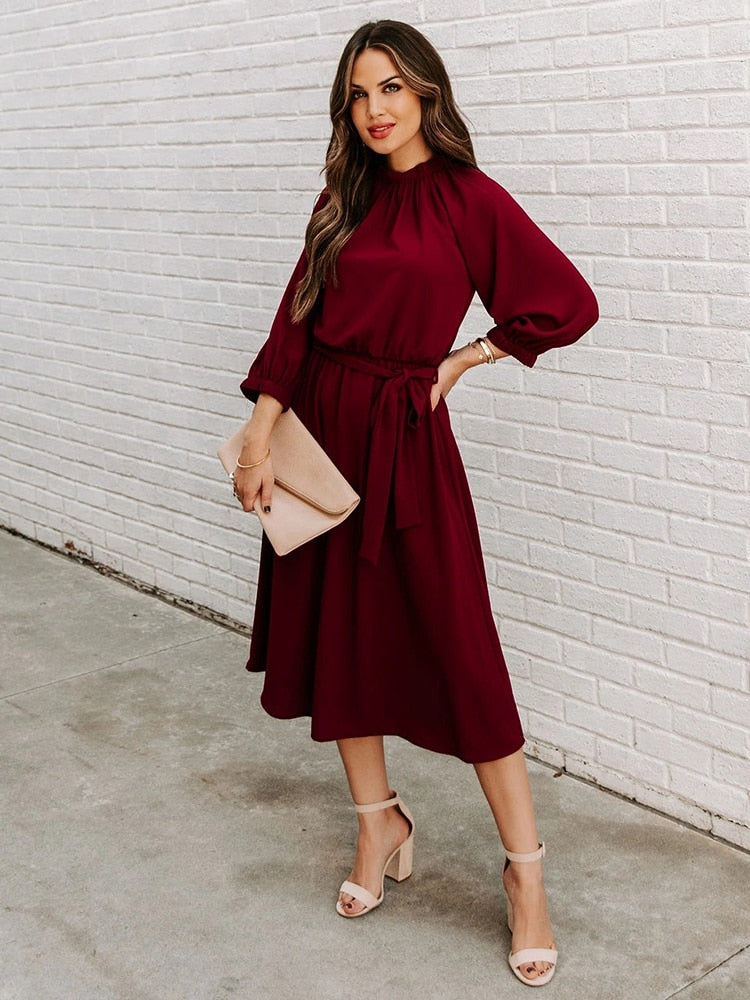 DressBetty - Elegant Office Dress Formal Loose Green Long Sleeve Belt A-Line Midi Dresses