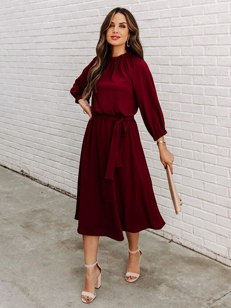 DressBetty - Elegant Office Dress Formal Loose Green Long Sleeve Belt A-Line Midi Dresses