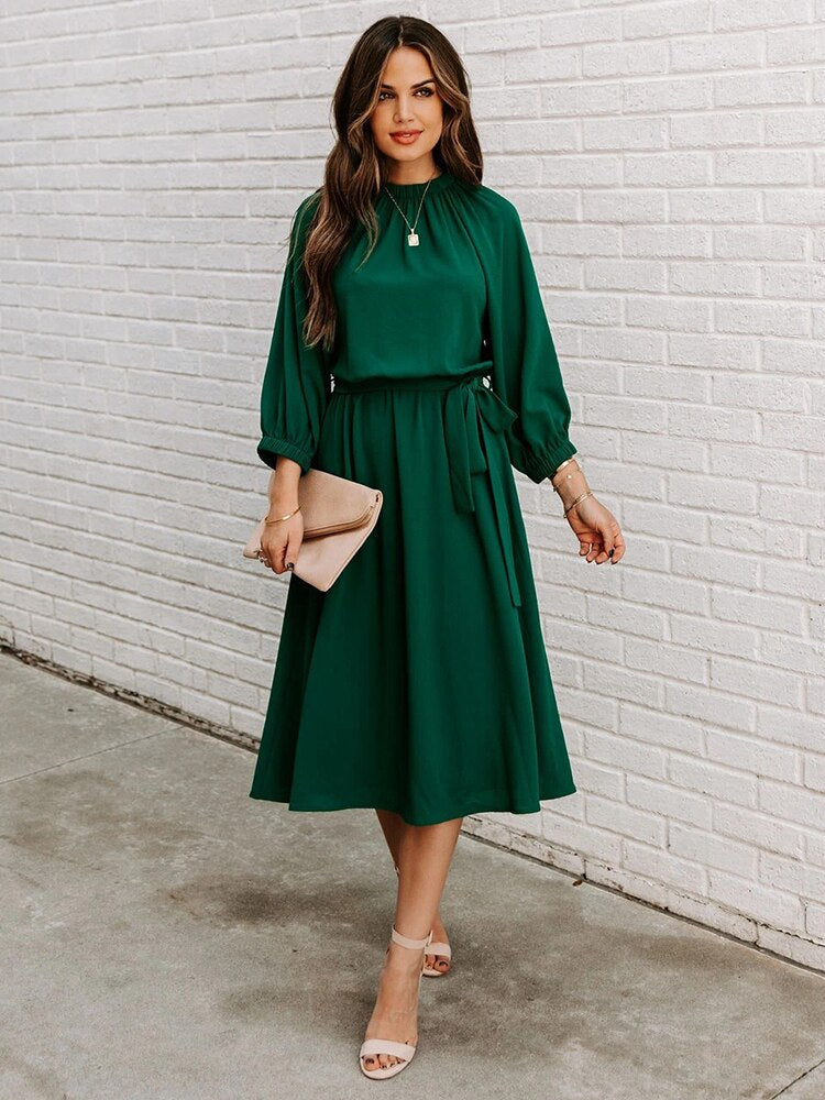 DressBetty - Elegant Office Dress Formal Loose Green Long Sleeve Belt A-Line Midi Dresses
