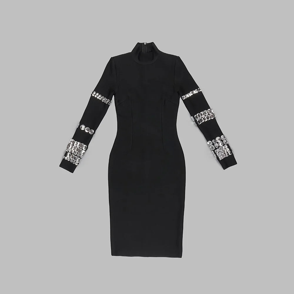 DressBetty - 2024 Luxurious Long Sleeve Diamond Black Evening Bodycon Dress