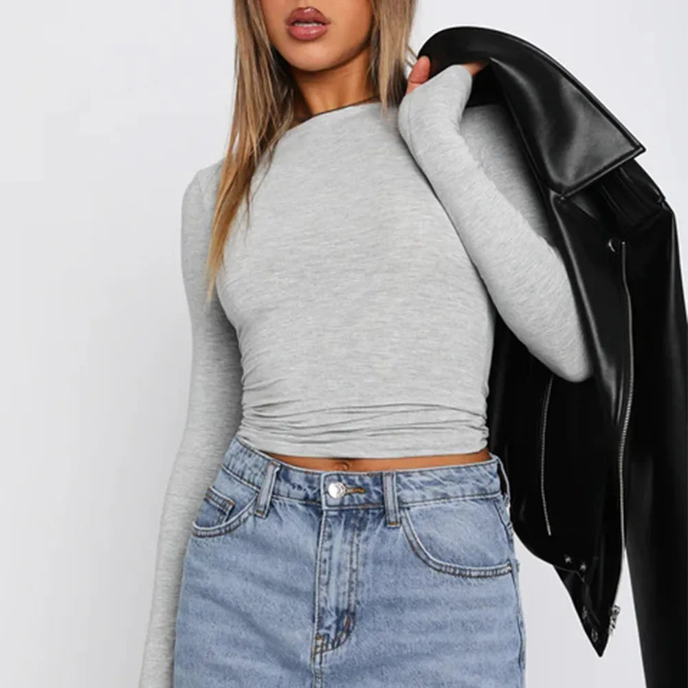 DressBetty - 2024 Basic Round Neck Long Sleeve Pullover Tee