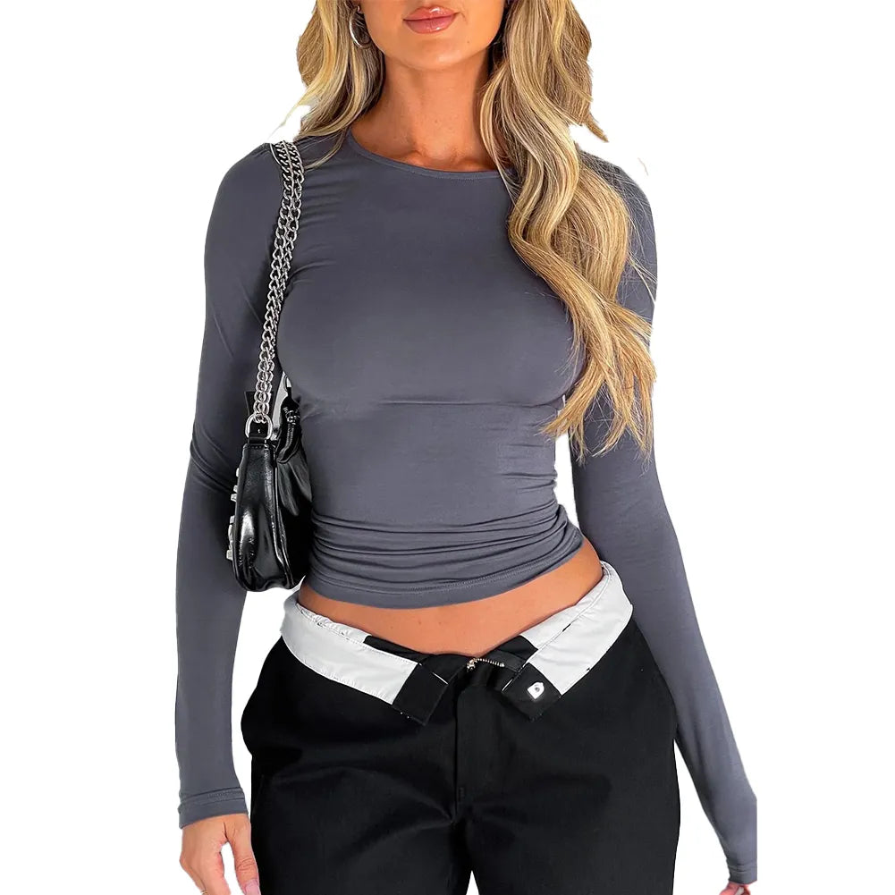 DressBetty - 2024 Basic Round Neck Long Sleeve Pullover Tee