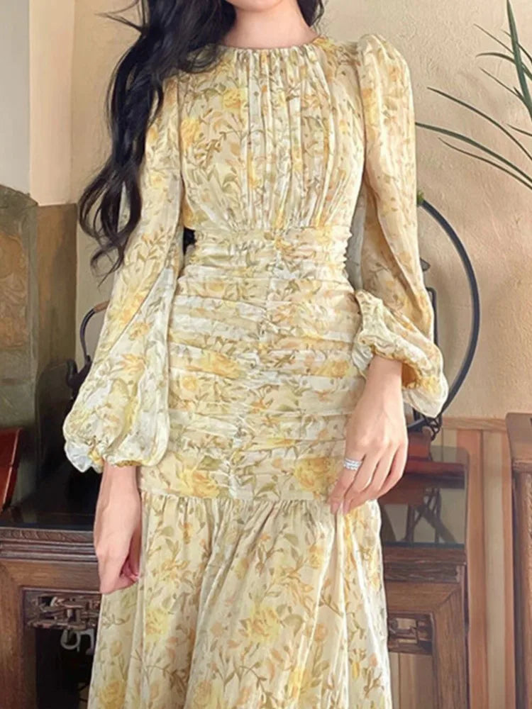 DressBetty - 2024 Elegant Floral Print Lace Long Sleeve Floral Dress