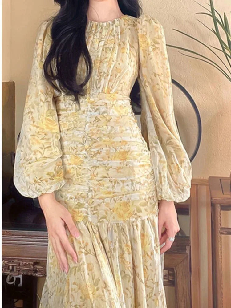 DressBetty - 2024 Elegant Floral Print Lace Long Sleeve Floral Dress