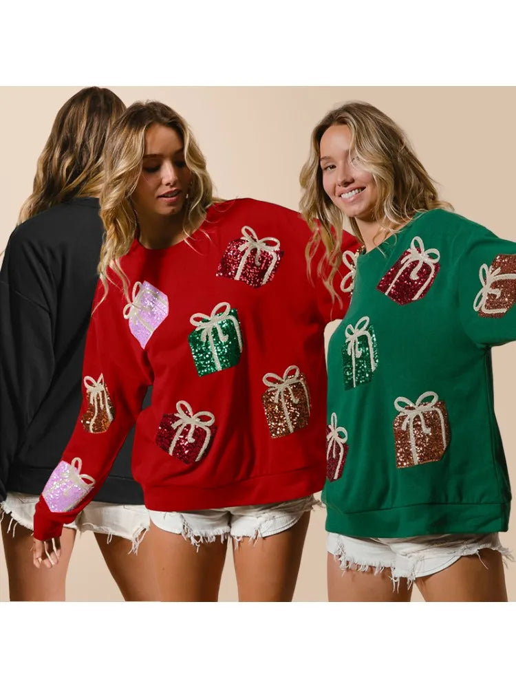 Glitter Patchwork Vintage Harajuku Slim Streetwear Long Sleeve Christmas Hoodie