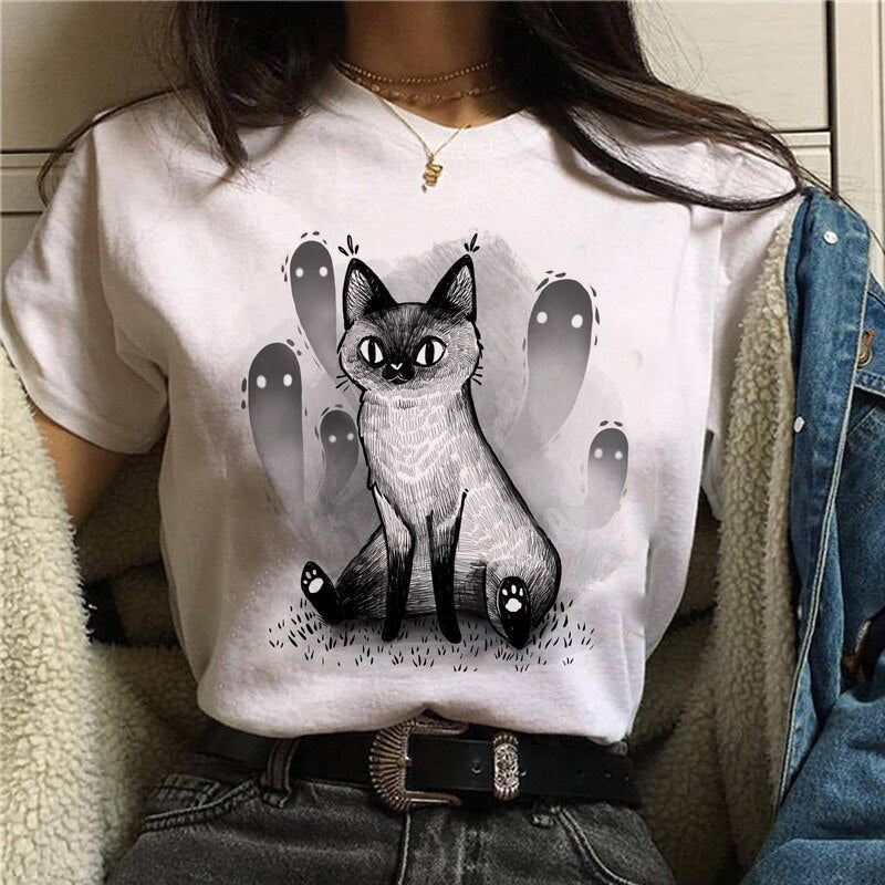 DressBetty - Cute Cartoon Cat Mushroom Print Women T Shirt