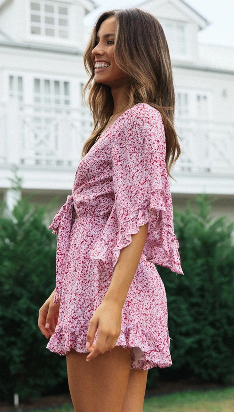 DressBetty - Floral Ruffles Loose V-Neck Romper