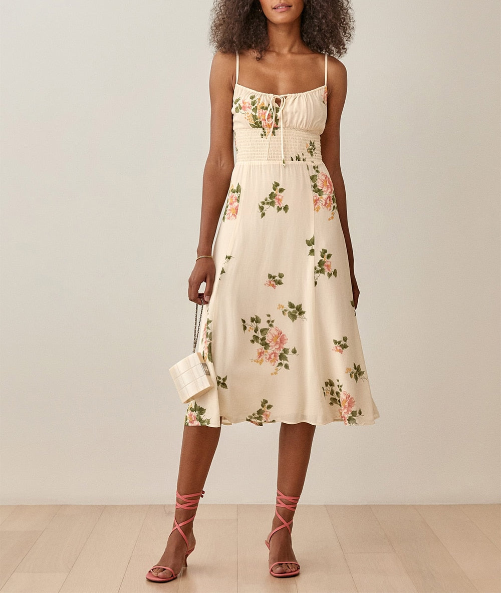DressBetty - Women Summer Smocked Elastic Waist Tie Neck Sleeveless Spaghetti Strap Beach Dress