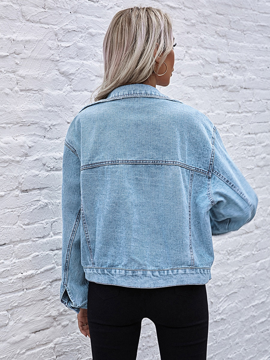 DressBetty - Turn-down Collar Loose Denim Jacket