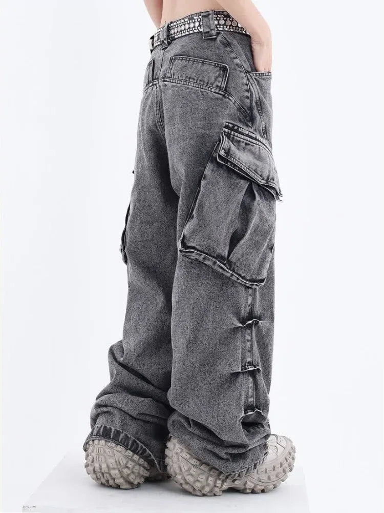 Grunge Cargo Women Wide Baggy Vintage Oversize Denim Distressed Pant