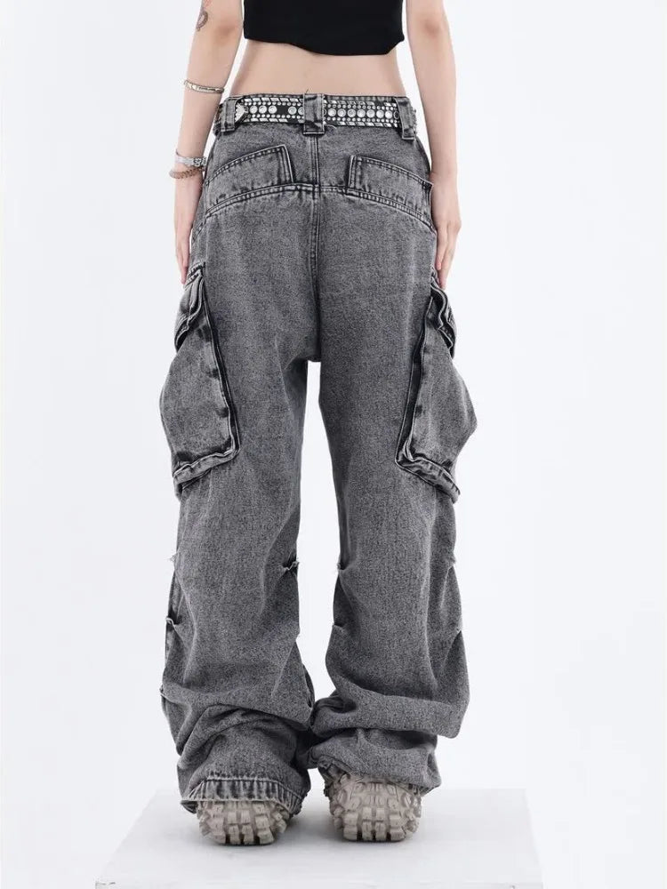 Grunge Cargo Women Wide Baggy Vintage Oversize Denim Distressed Pant